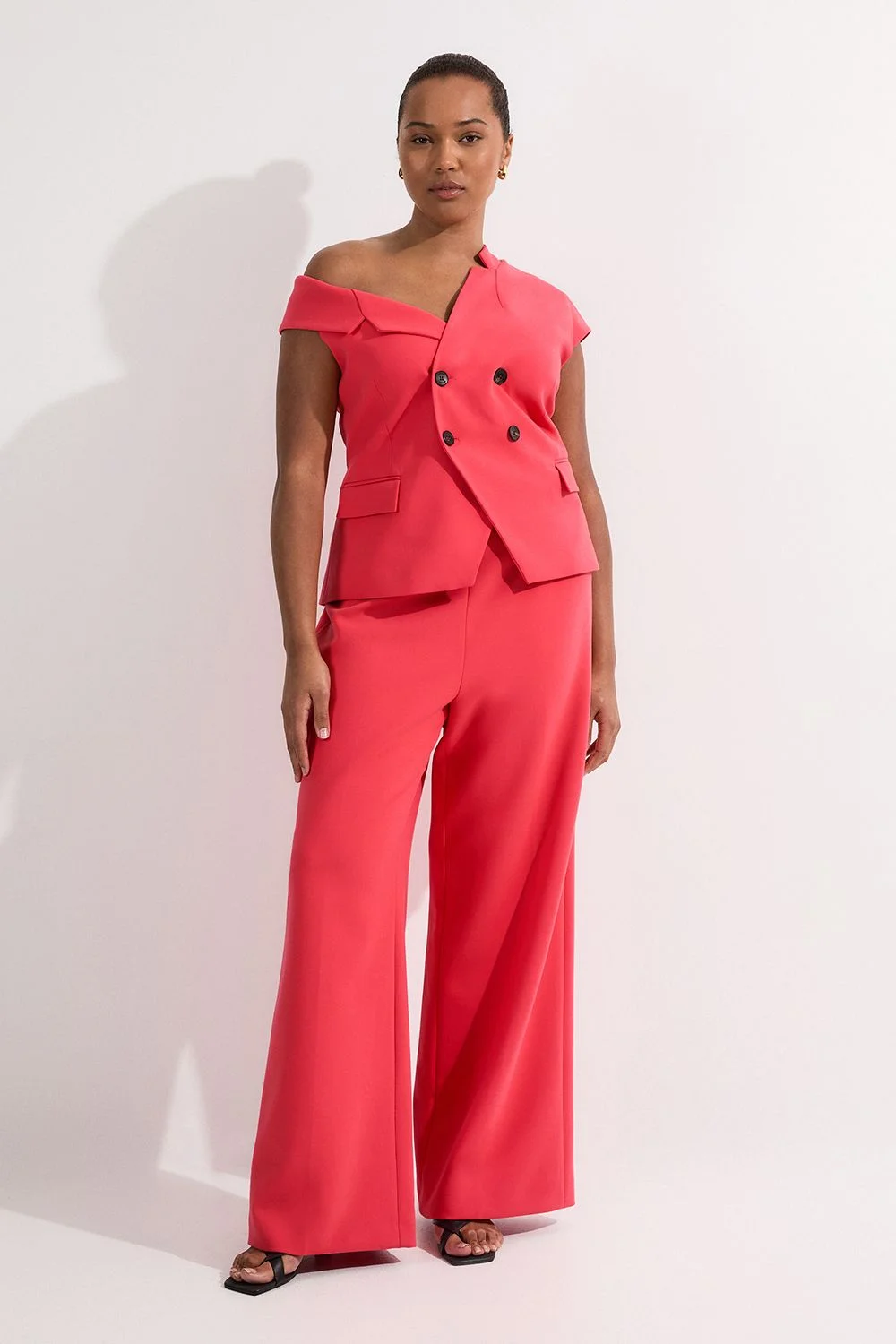Plus Size Compact Stretch Asymmetric Collar Wide Leg Tailored Jumpsuit - 1