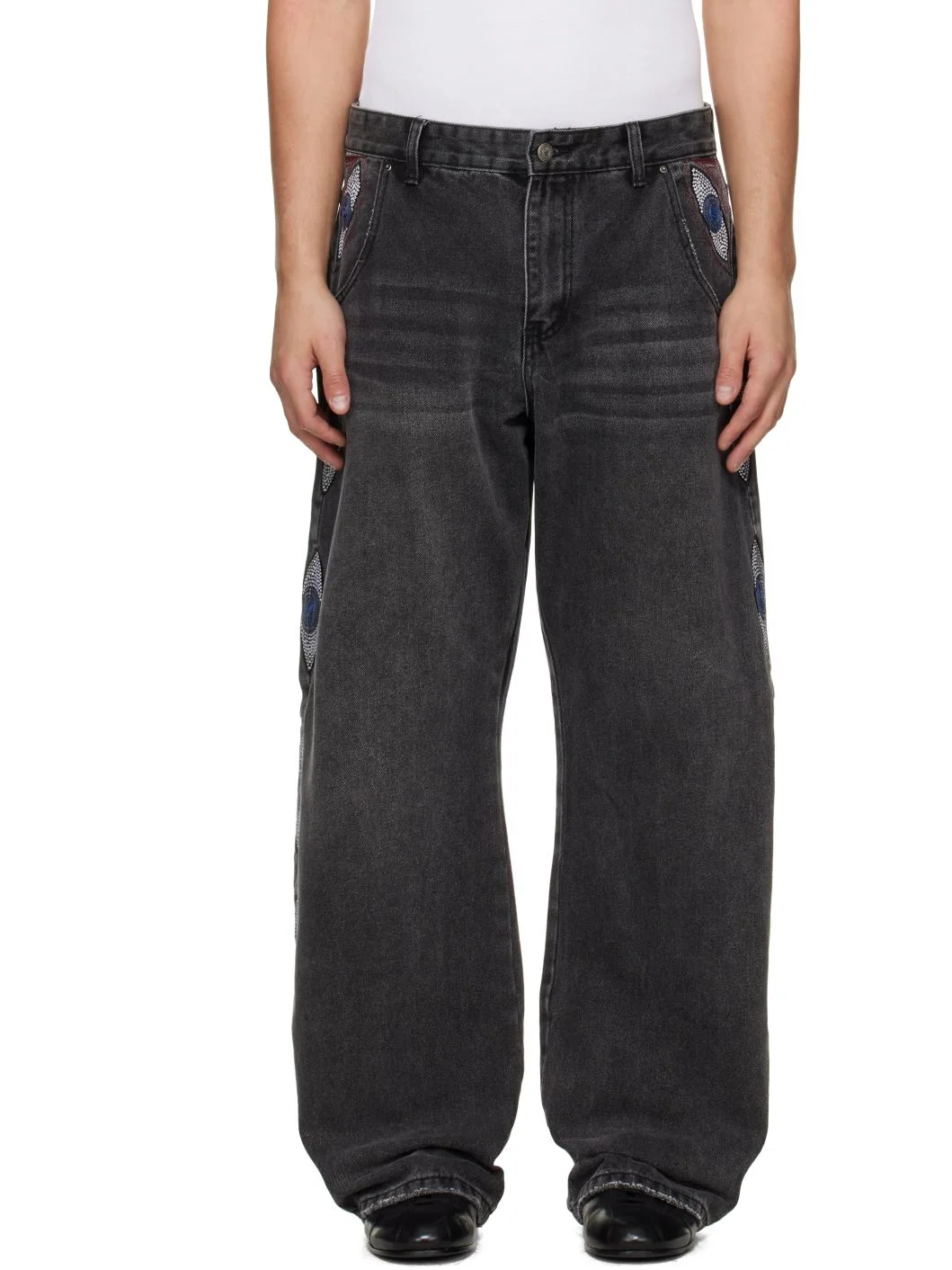 Black 'Eye' Embroidered Jeans - 1