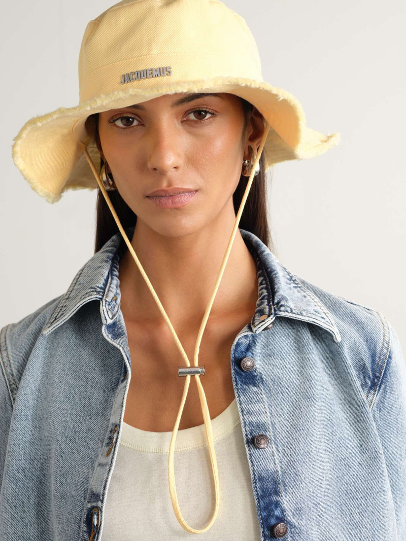 JACQUEMUS Le Bob Artichaut embellished frayed cotton-twill bucket hat Pastel yellow outlook