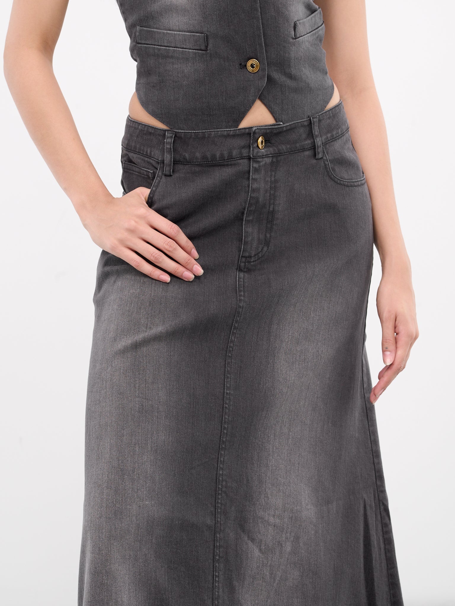 Denim Washed Long Skirt - 5