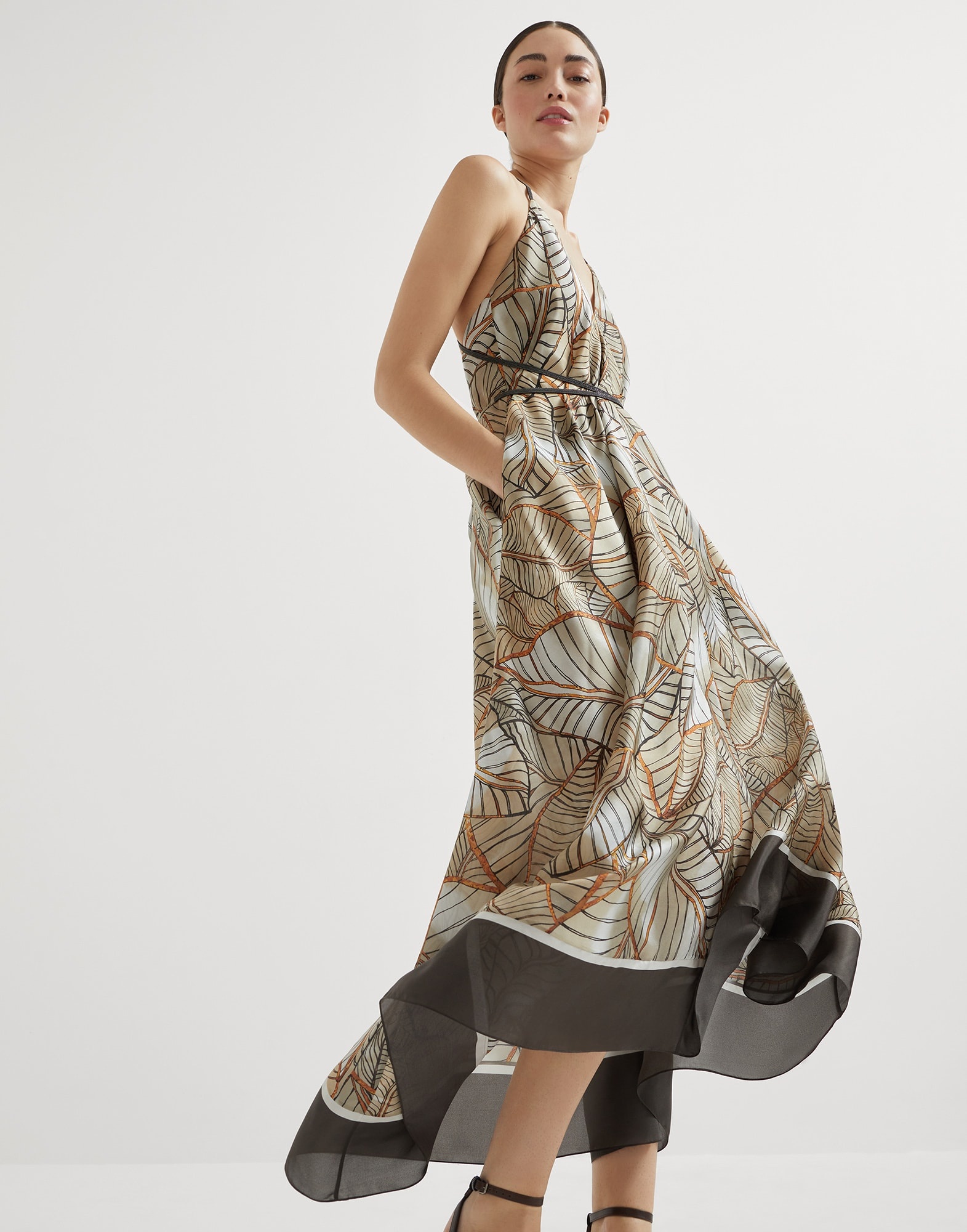 Silk papyrus print pongée dress with precious straps - 4