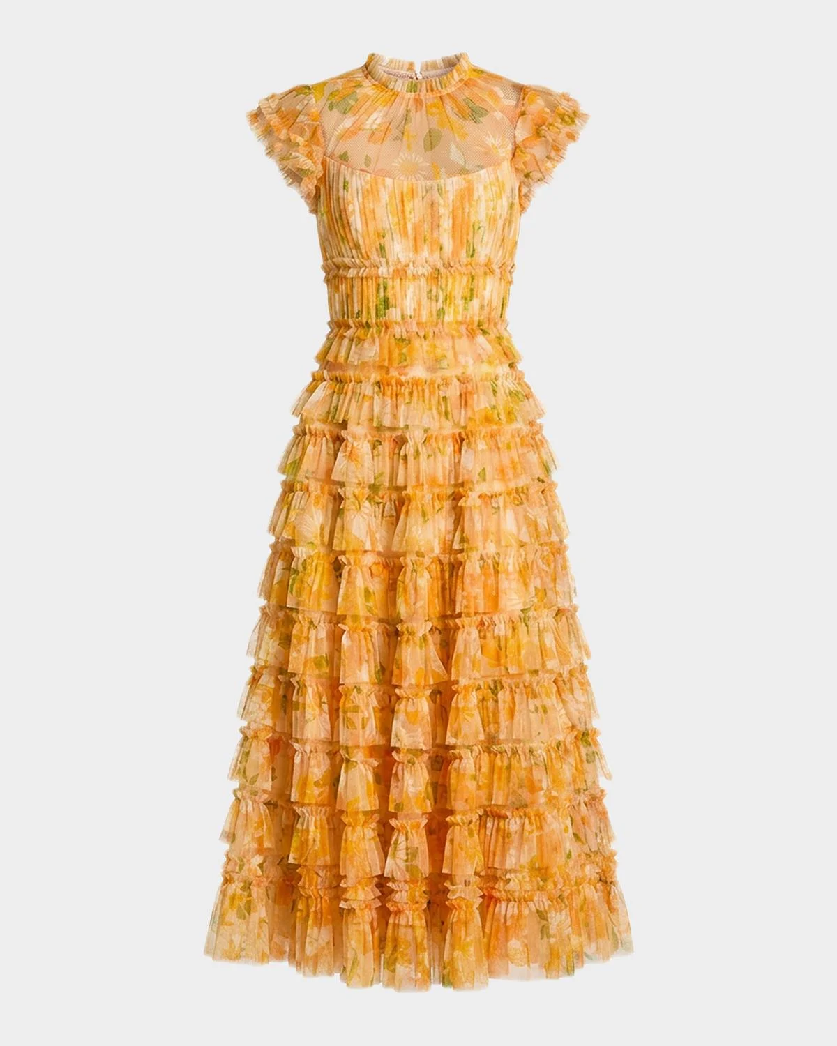Floral-Print Ruffle Mesh Midi Dress - 1