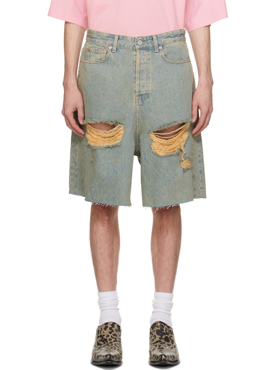 Blue Destroyed Denim Shorts - 1