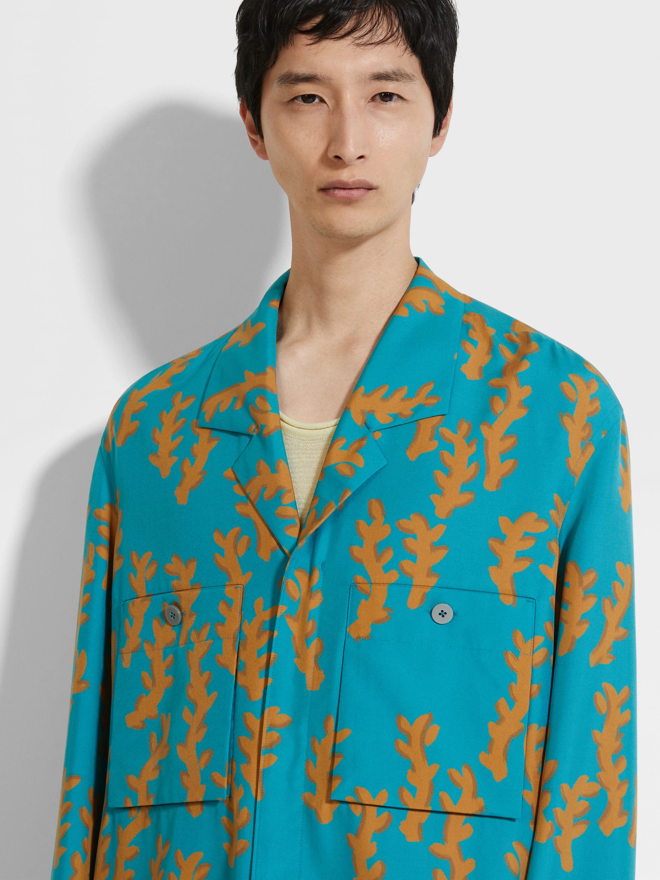 BRIGHT TEAL BLUE AND OCHRE SILK OASI PRINT OVERSHIRT - 3