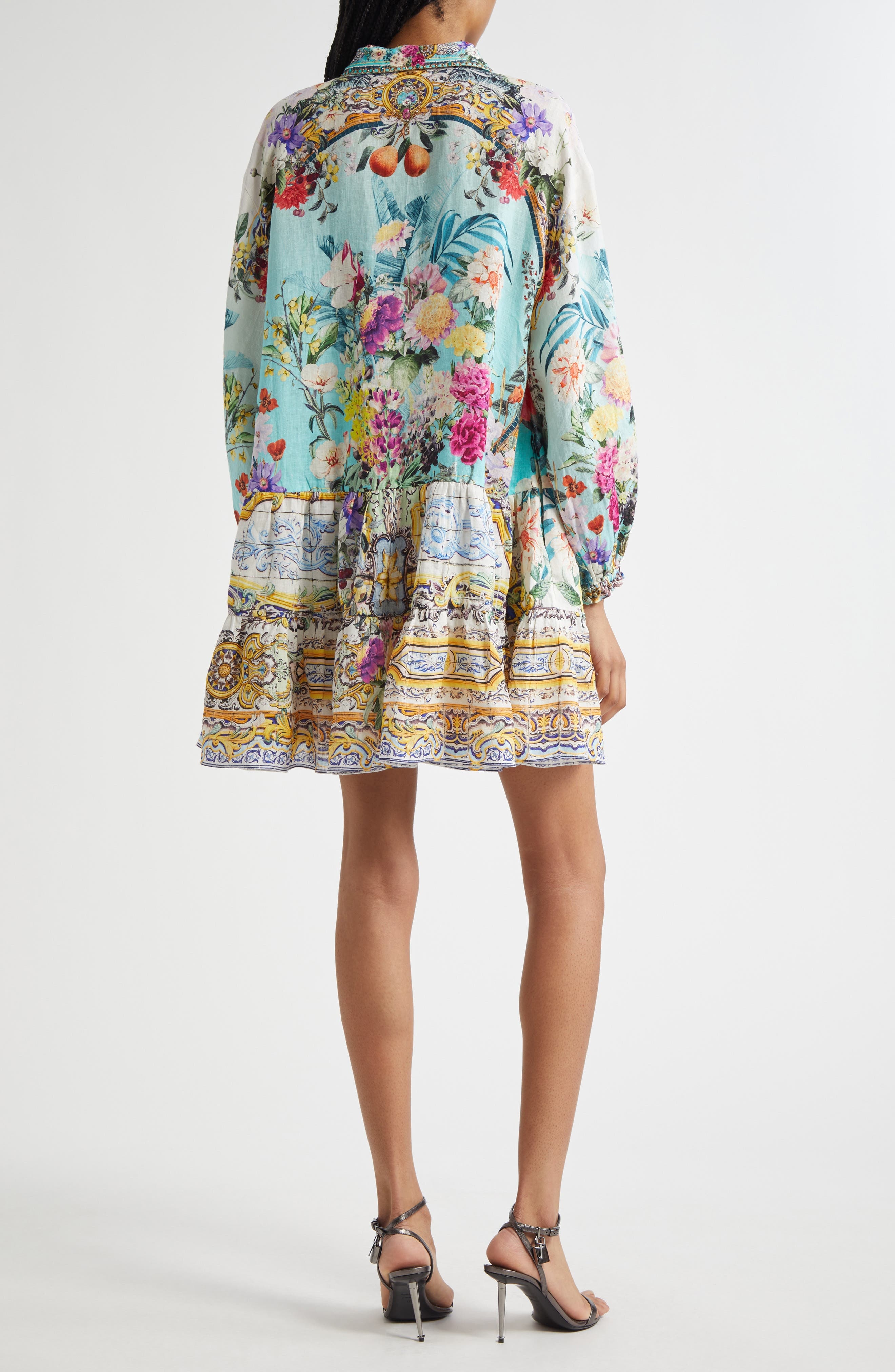 Camilla Tiered Long Sleeve Linen Shirtdress in Gardens Of Queluz at Nordstrom - 2