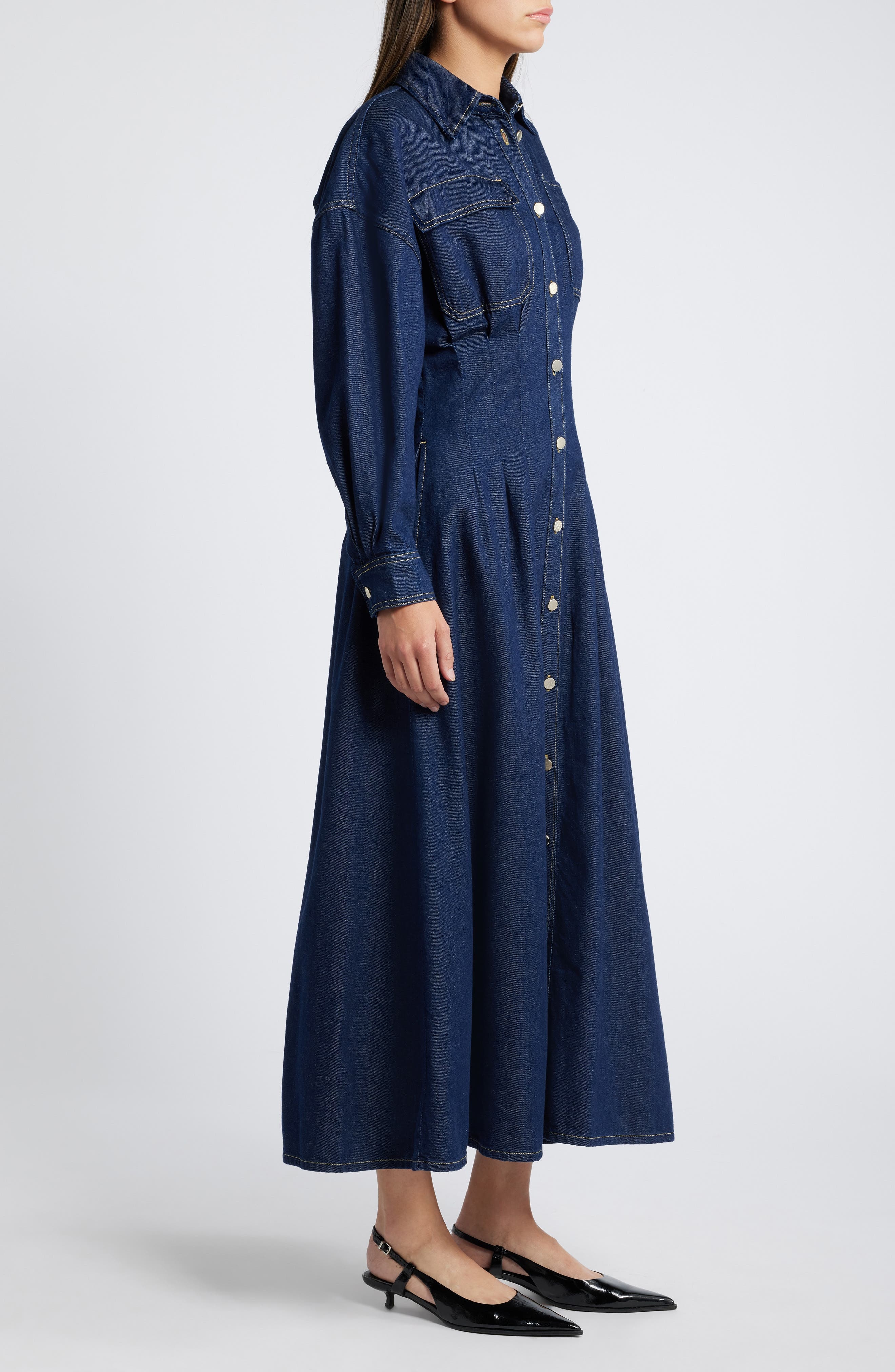 FRAME Nipped Long Sleeve Twill Maxi Dress in Rinse at Nordstrom - 3