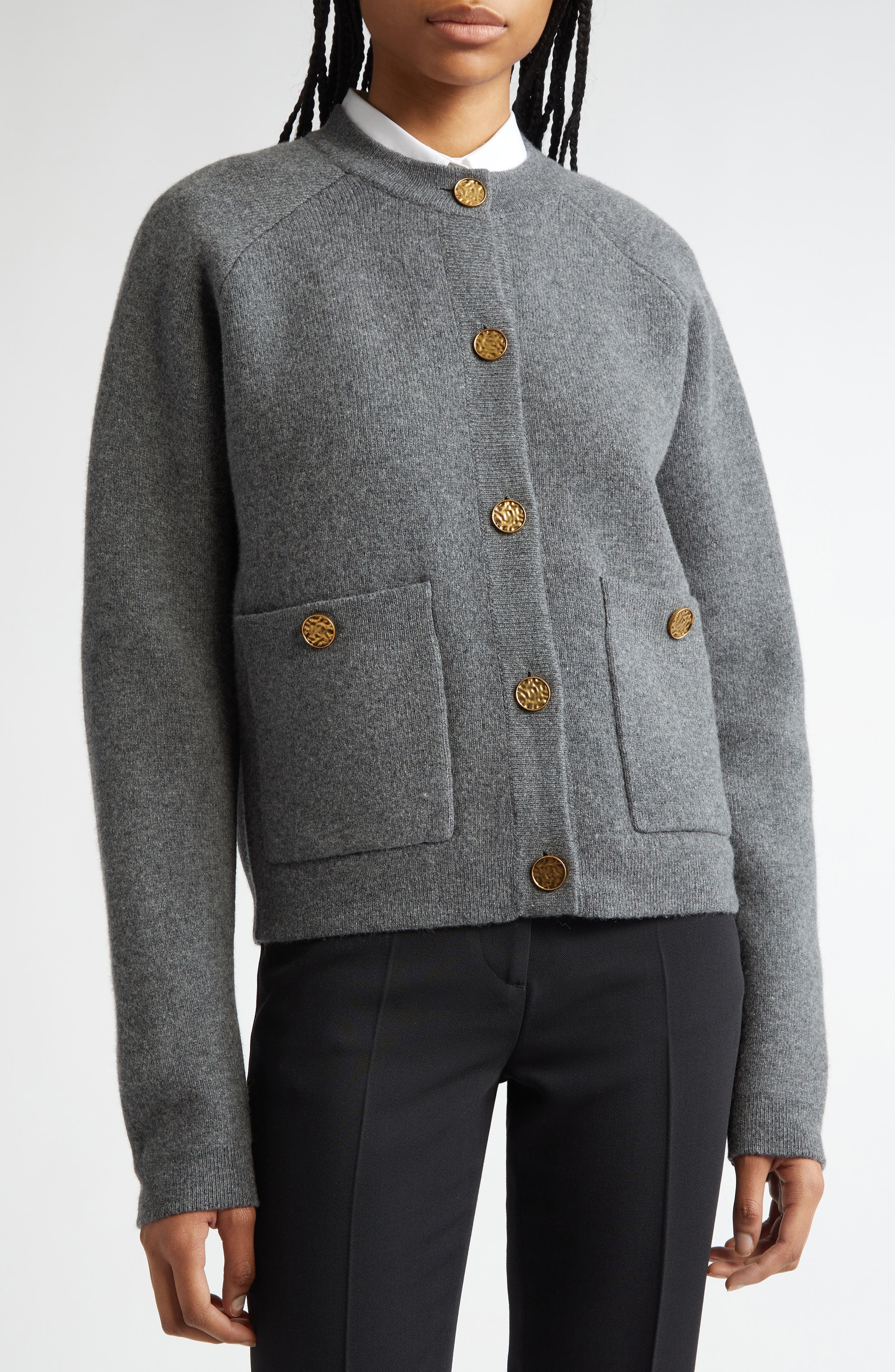 TOTEME Hammered Button Wool & Cashmere Blend Cardigan in Grey Melange at Nordstrom - 5
