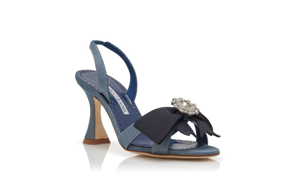 Blue Silk Bow Detail Slingback Sandals - 3