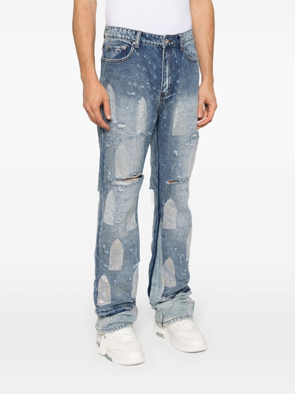 rhinestoned distressed straight-leg jeans - 3
