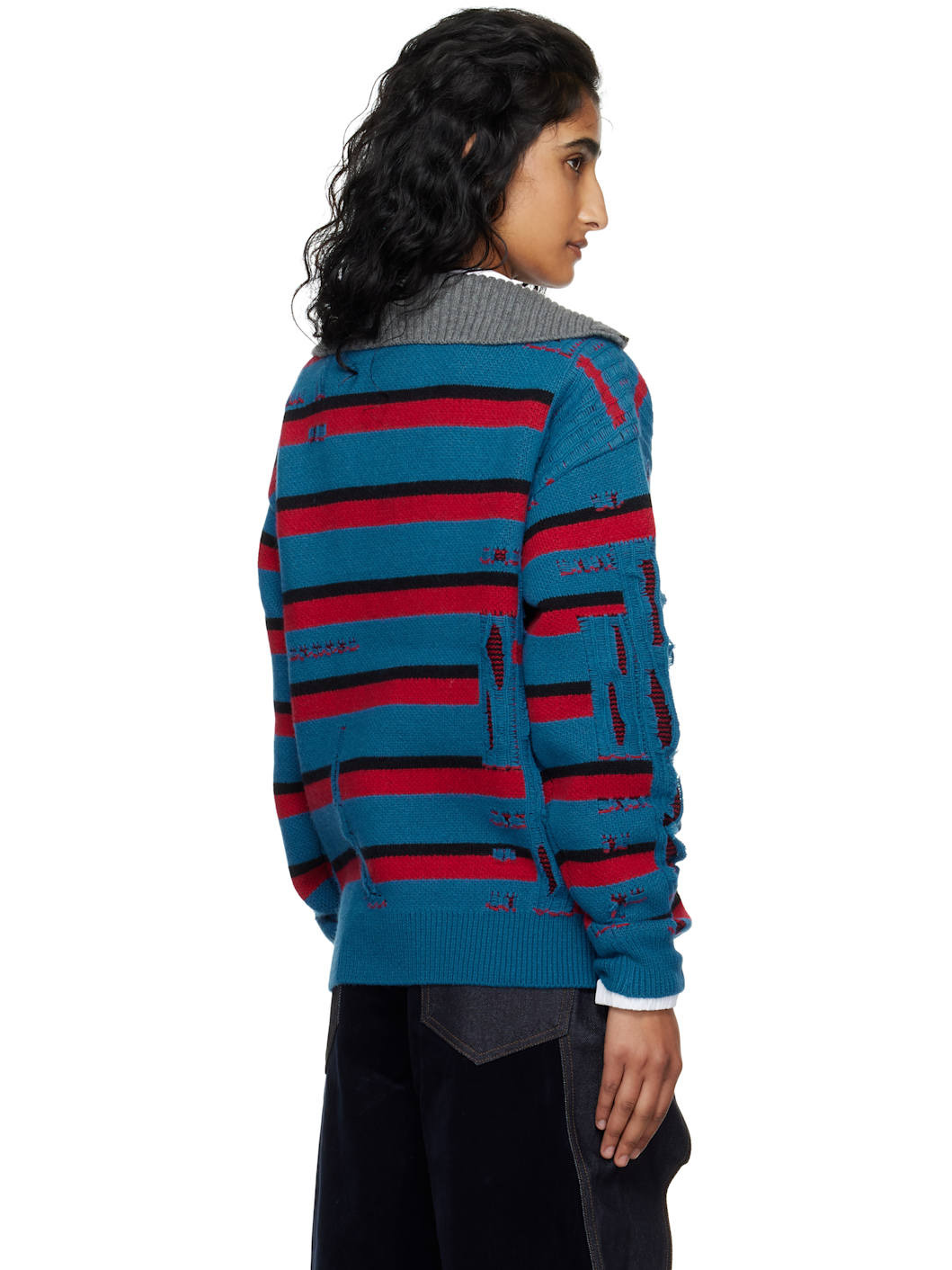 Blue & Red Stripe Jacquard Half Zip-Up Sweater - 3