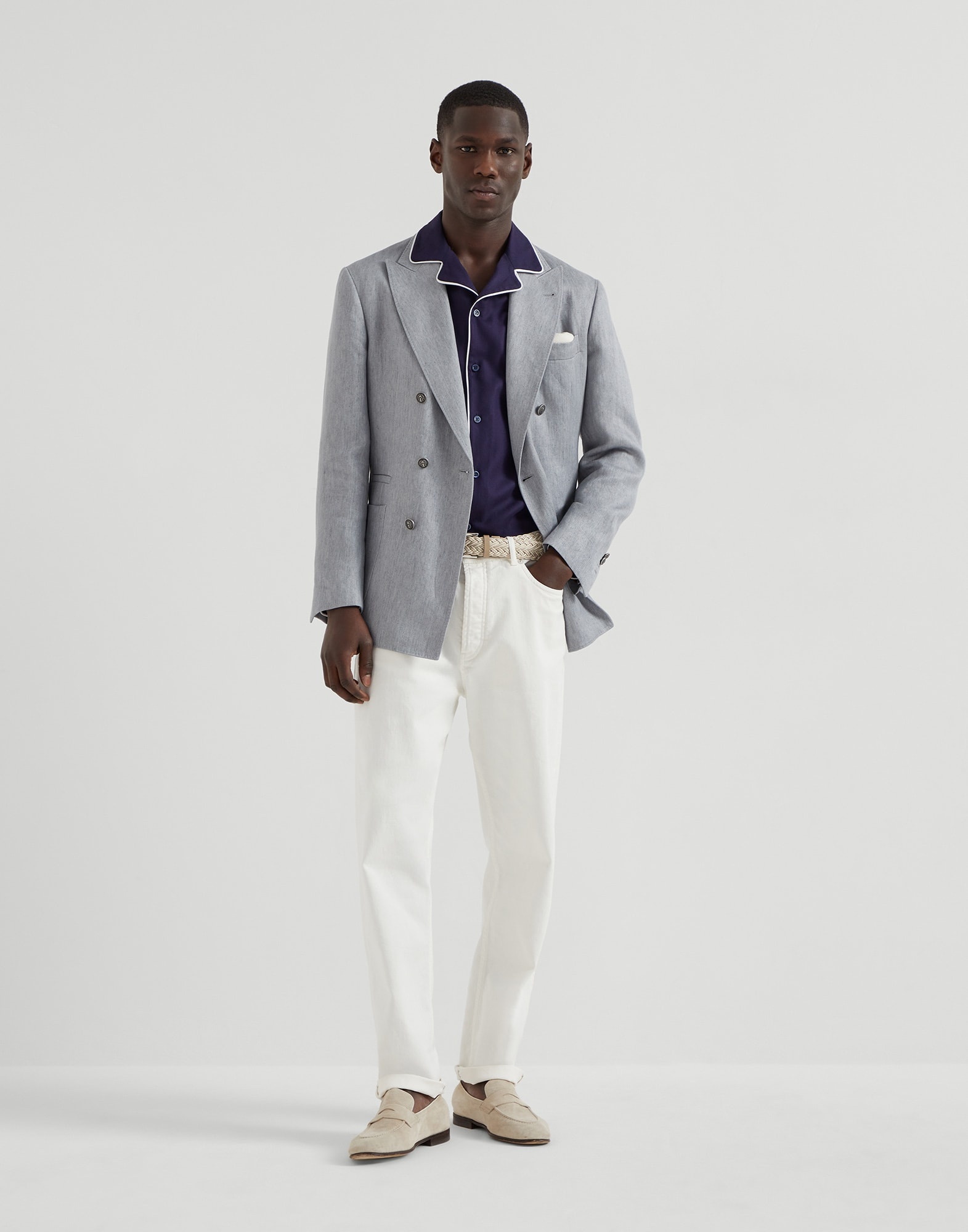 Honeycomb texture cotton easy fit shirt with camp collar and piping - 5