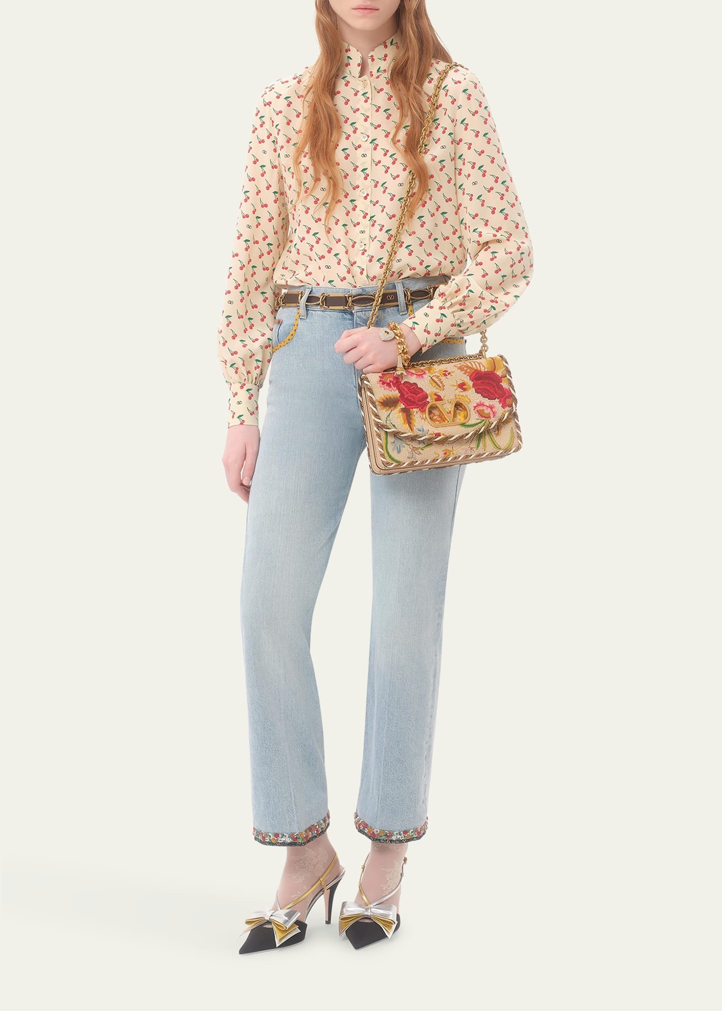 Cherry Print Crepe De Chine Button-Down Blouse - 2