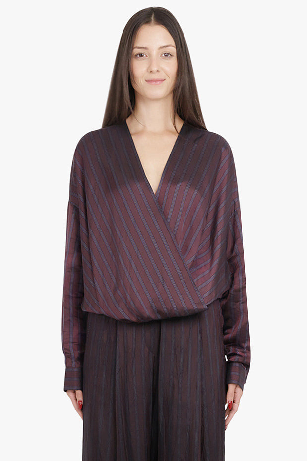 CAMIEL STRIPE L/S WRAP BLOUSE | BURGUNDY - 3
