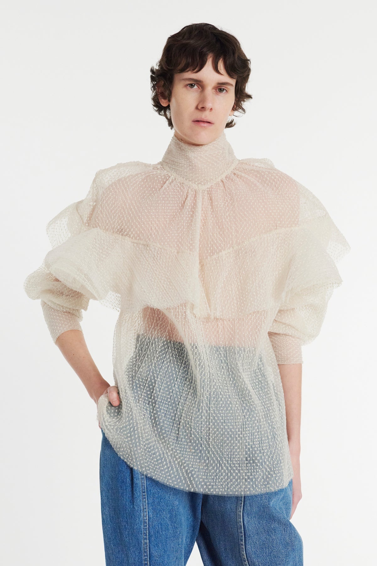 DOUBLE LAYERED TULLE TOP WITH CHEST FRILL DETAIL IVORY - 9
