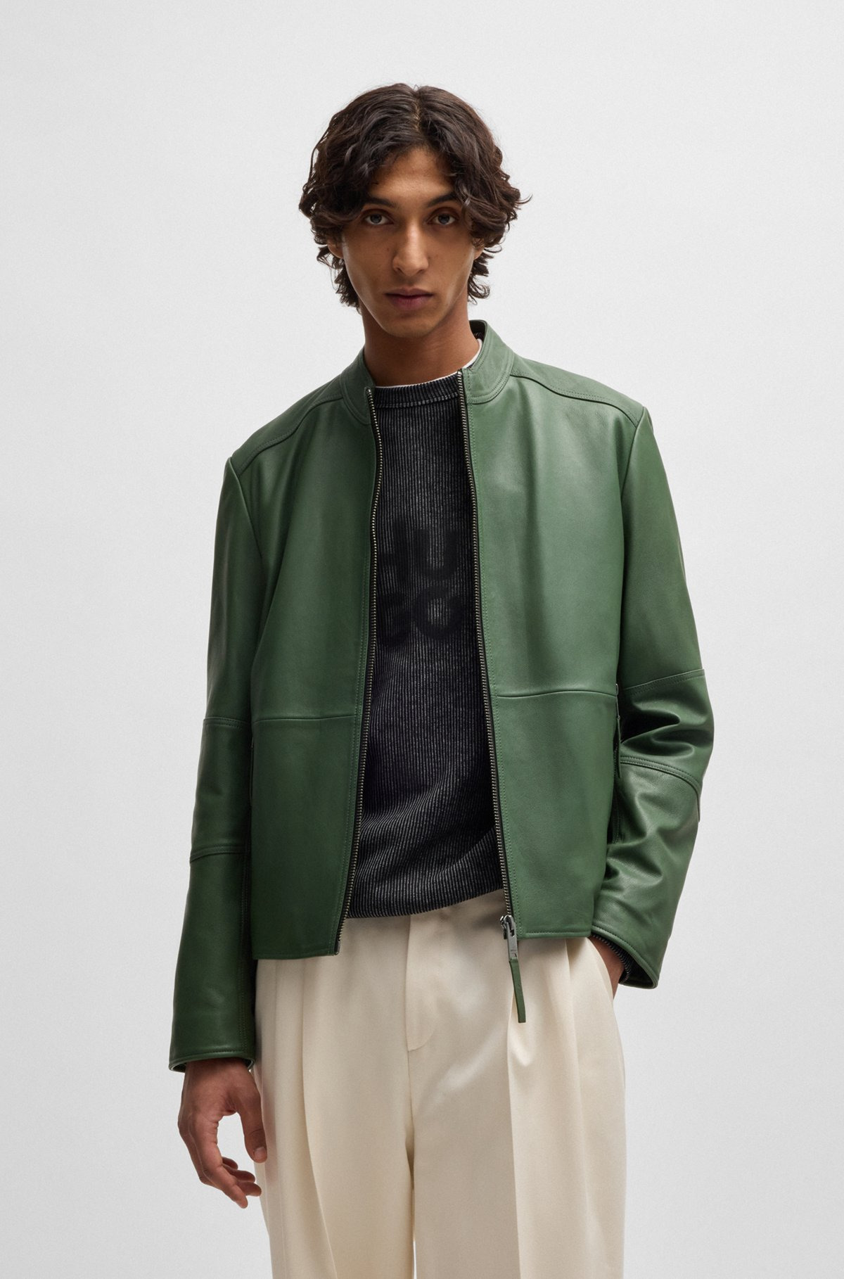 SLIM-FIT JACKET IN LEATHER WITH STAND COLLAR - 2