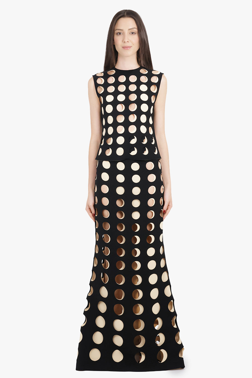 LAYERED HOLE DETAIL FLARED MAXI SKIRT | BLACK/NUDE - 3