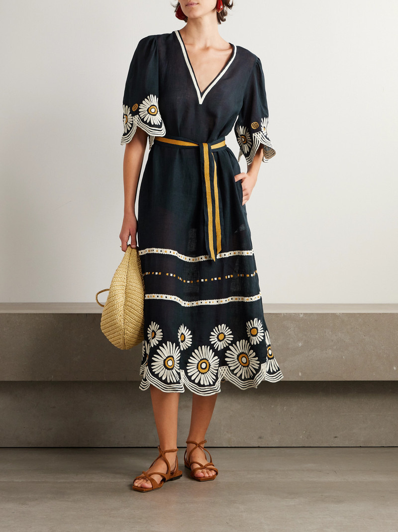 ERES Hortense Belted Scalloped Embroidered Linen Midi Dress outlook