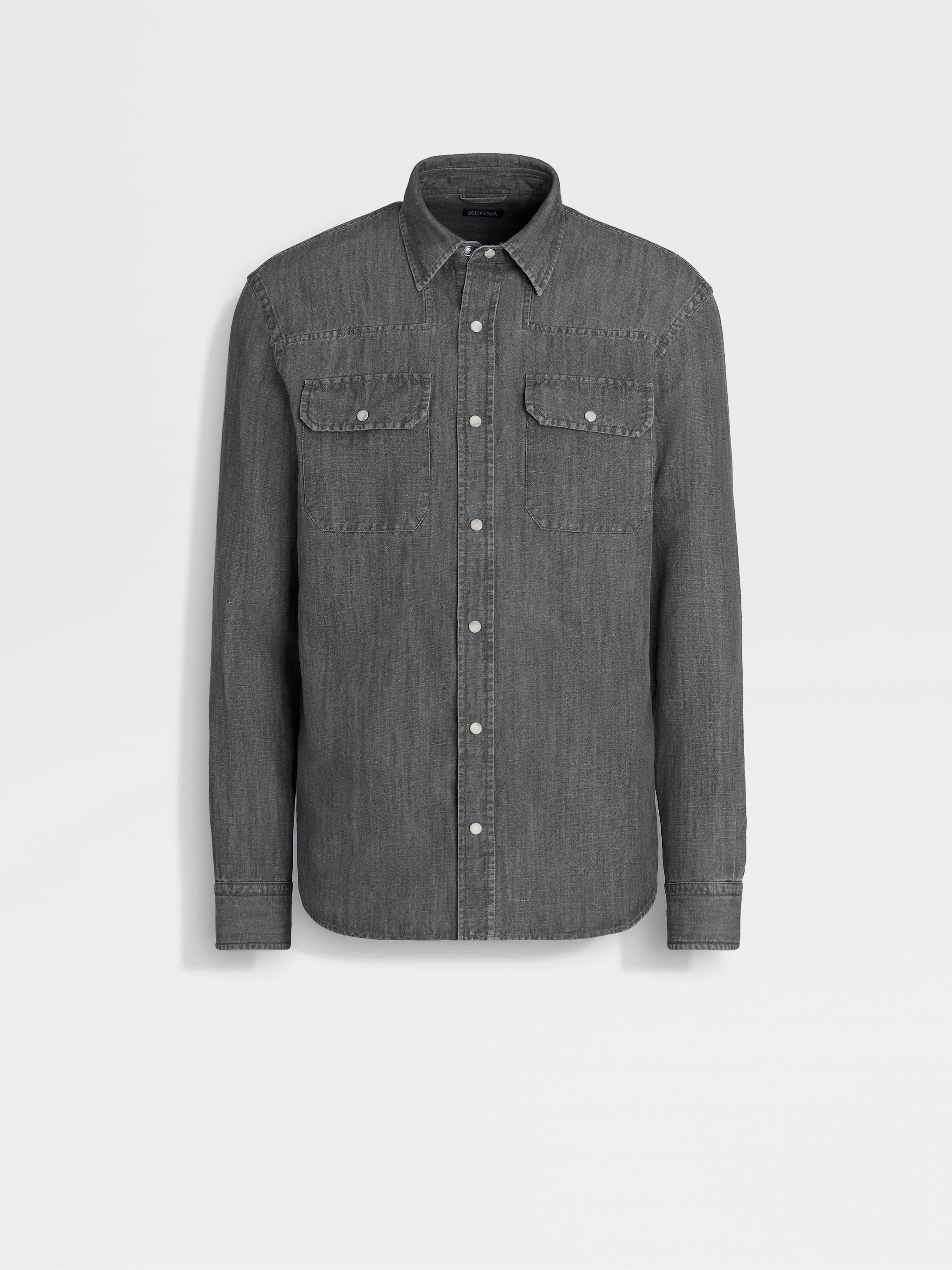 LIGHT GREY BLEACHED COTTON AND LINEN DENIM SHIRT - 1
