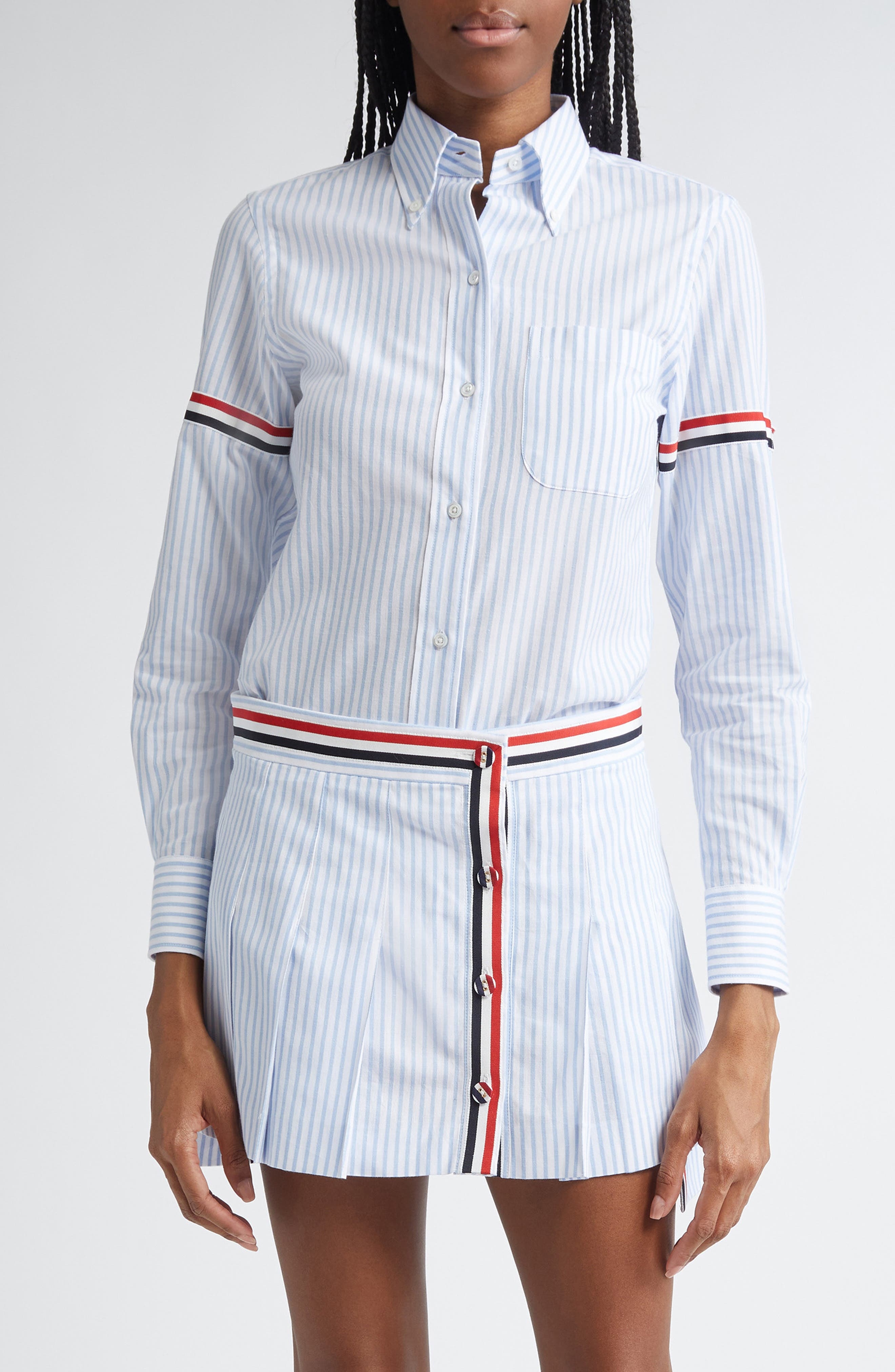 Thom Browne Classic Stripe Cotton Poplin Button-Down Shirt in Light Blue at Nordstrom - 1