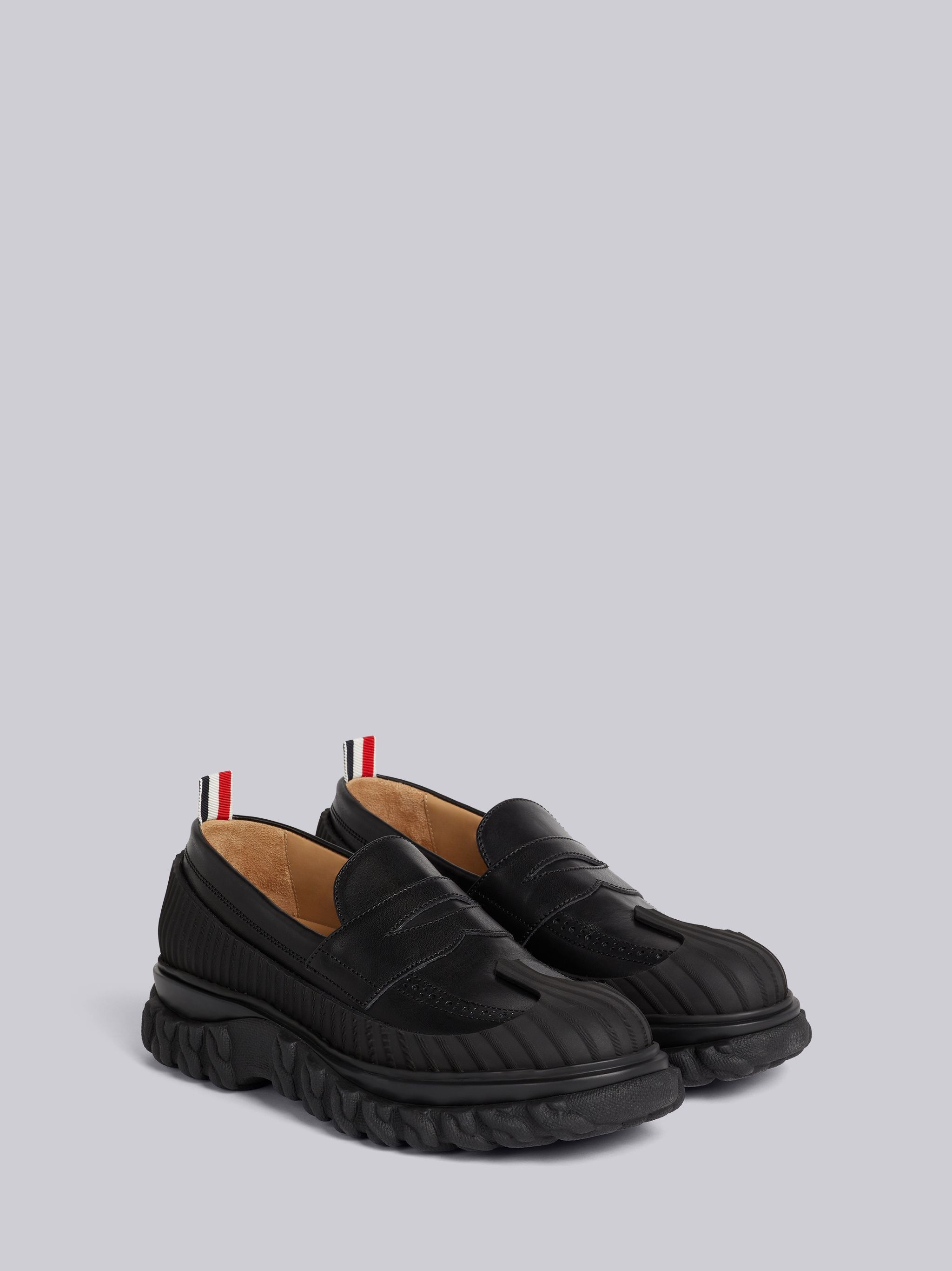 Black Calf Leather Rubber Sole Duck Shoe Penny Loafer - 3