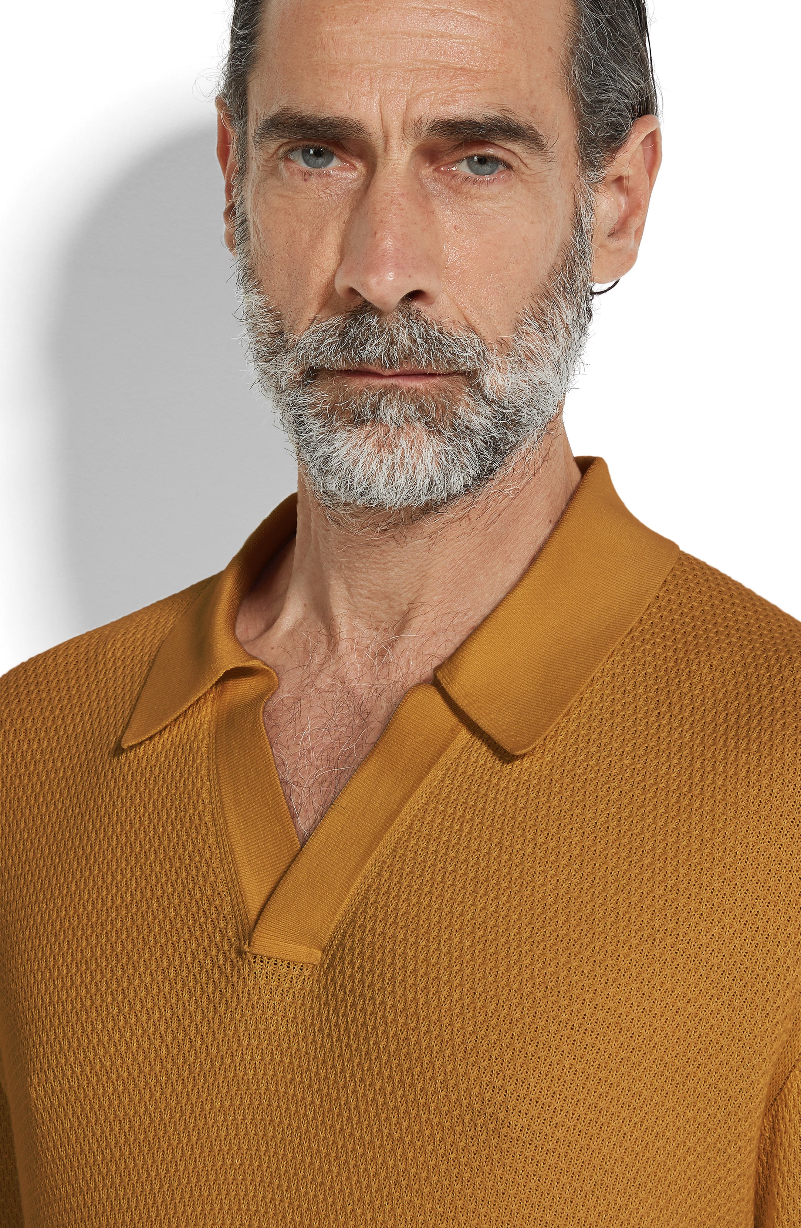 ZEGNA Premium Waffle Knit Cotton Polo Sweater in Dark Yellow Solid at Nordstrom - 3