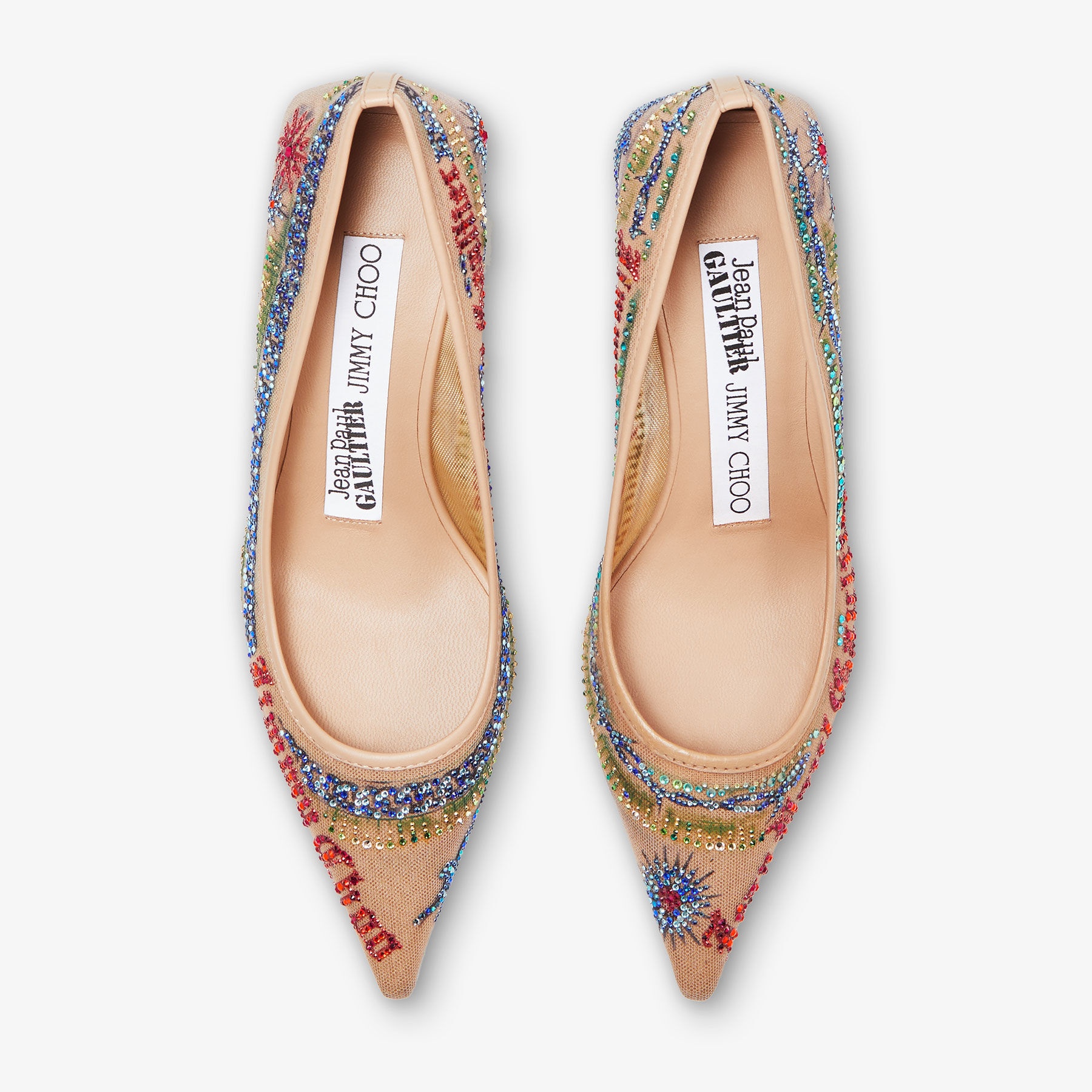 Jimmy Choo / Jean Paul Gaultier Pump 60
Beige Tattoo Print Mesh Pumps with Swarovski Crystals - 5