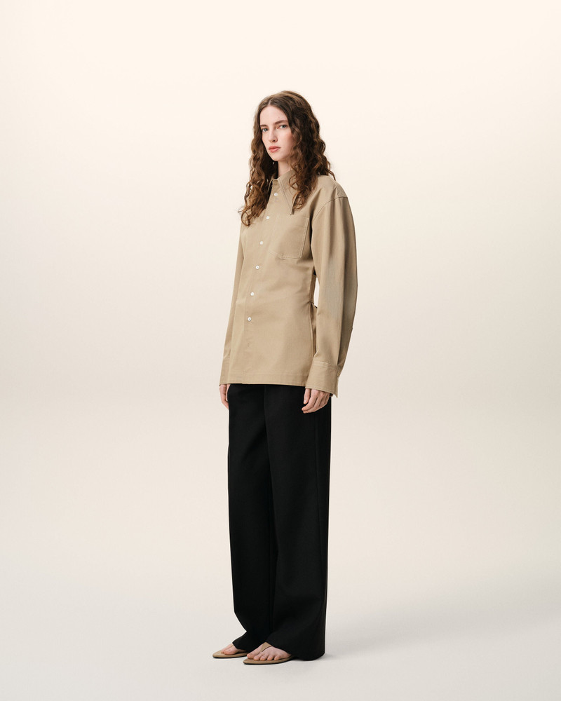 BEIGE COTTON SHARP COLLAR FITTED SHIRT 6