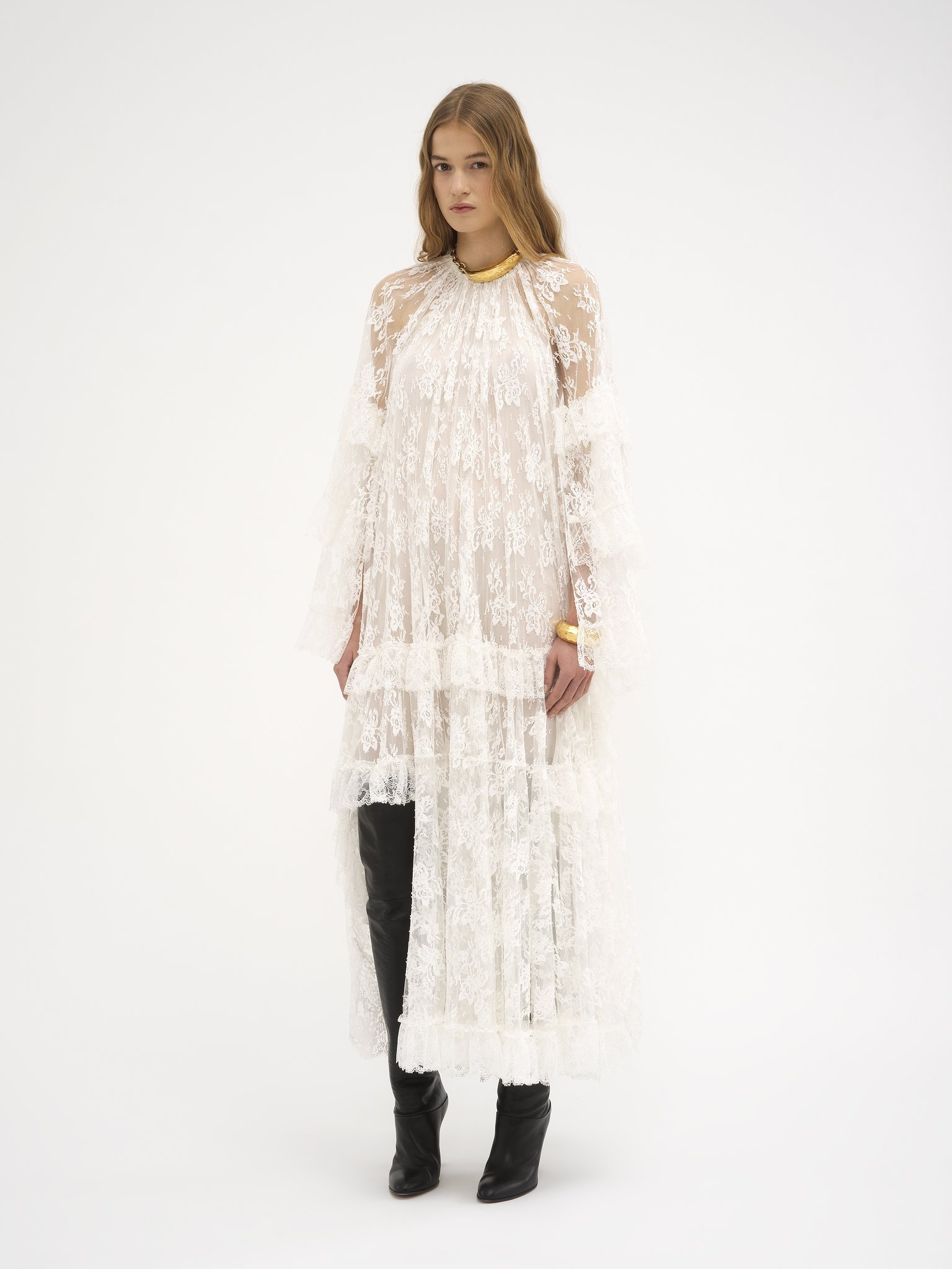 LONG RUFFLE DRESS IN SILK LACE - 4