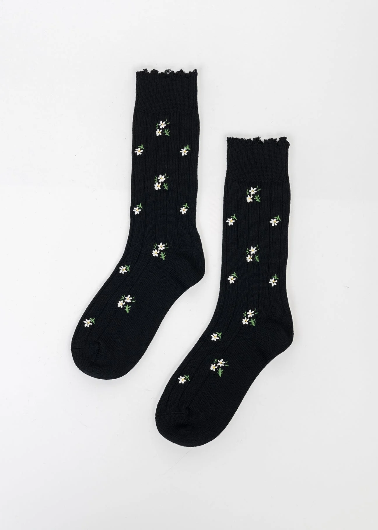 Black And White Embroidered Flora Socks - 1
