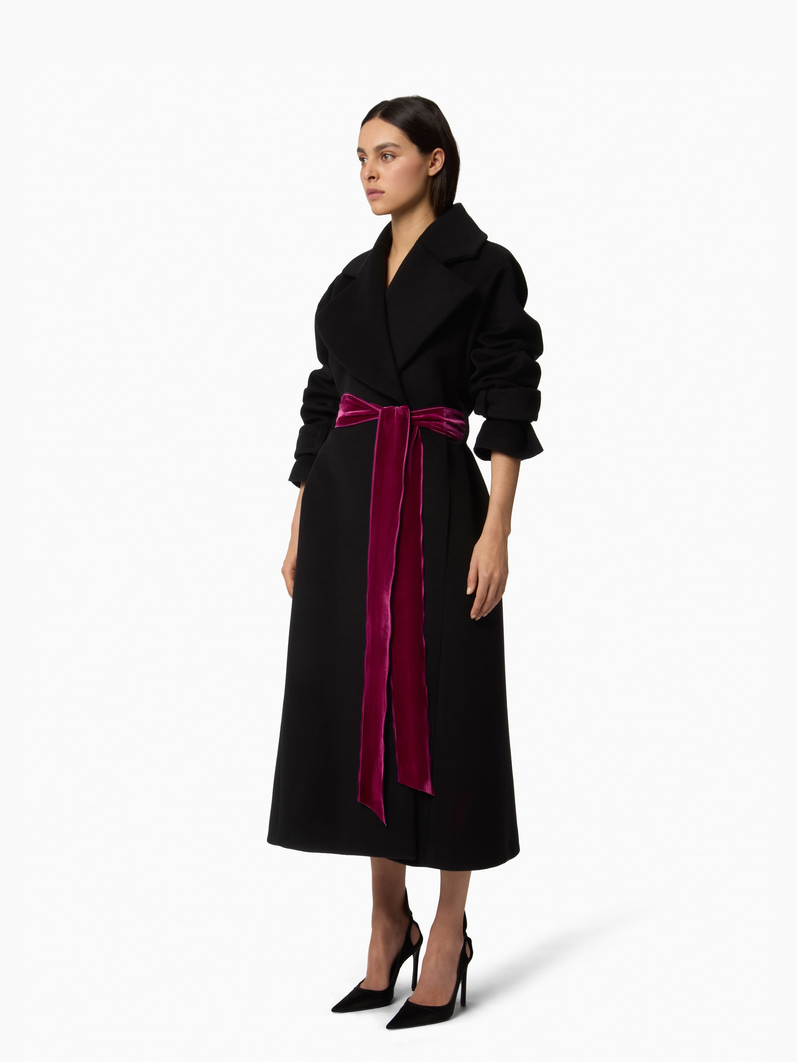 Black Long Wool Robe Coat - 3