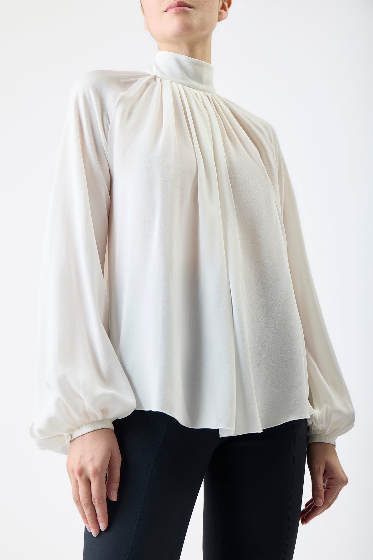 Kiian Pleated Top in Ivory Silk Georgette Twill - 5