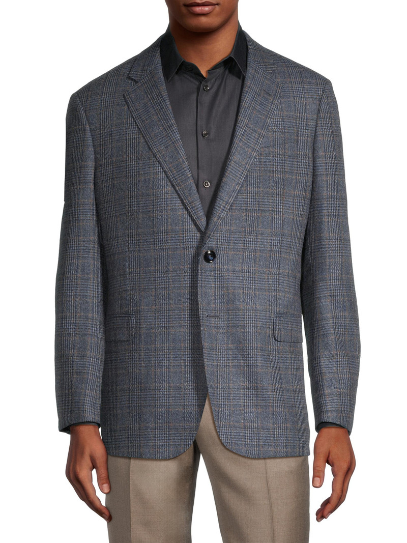 Men's Plaid Wool-Cashmere Sport Coat - Blue Brown 3
