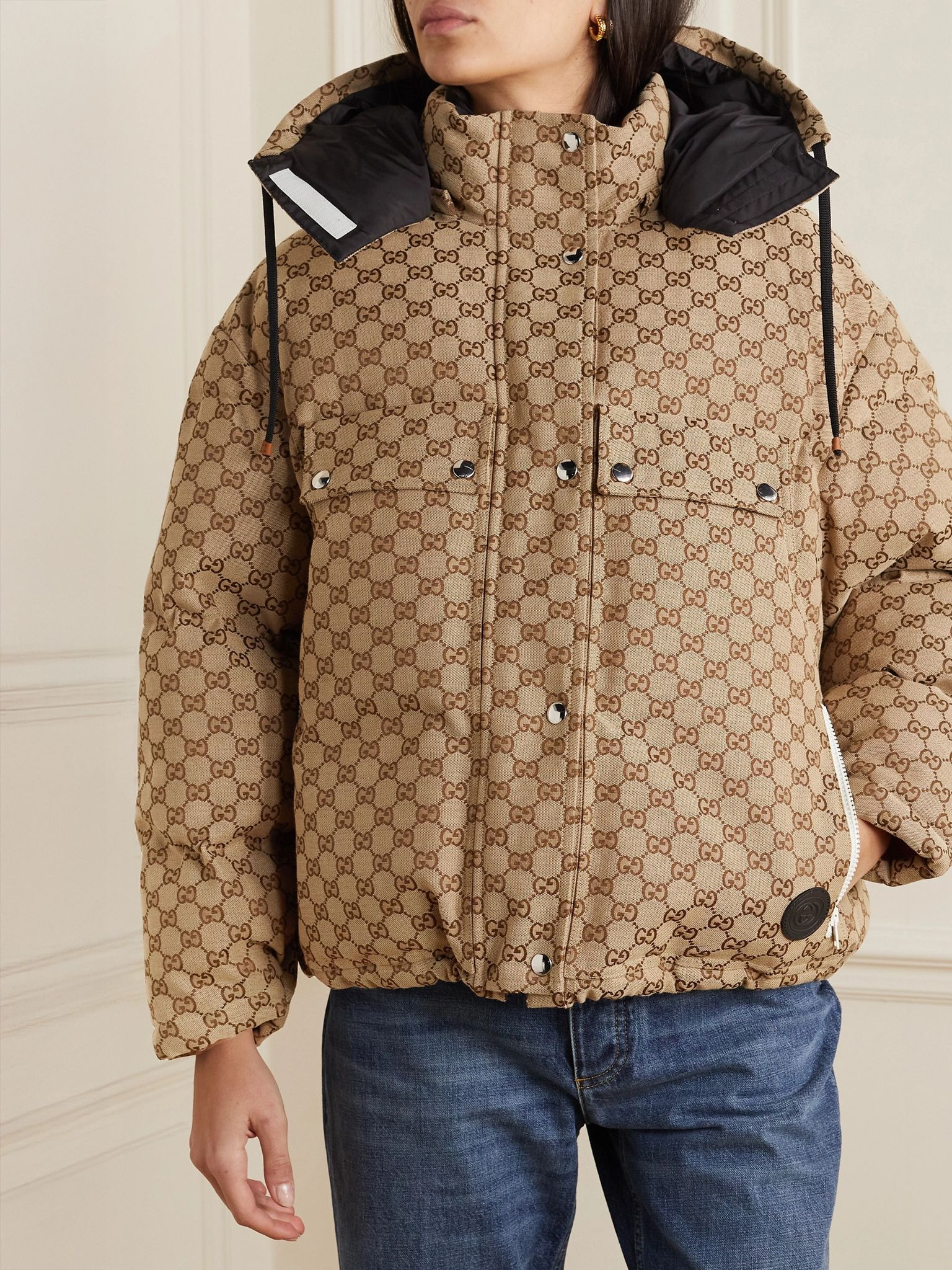 Hooded padded cotton-blend logo-jacquard down jacket Camel - 3