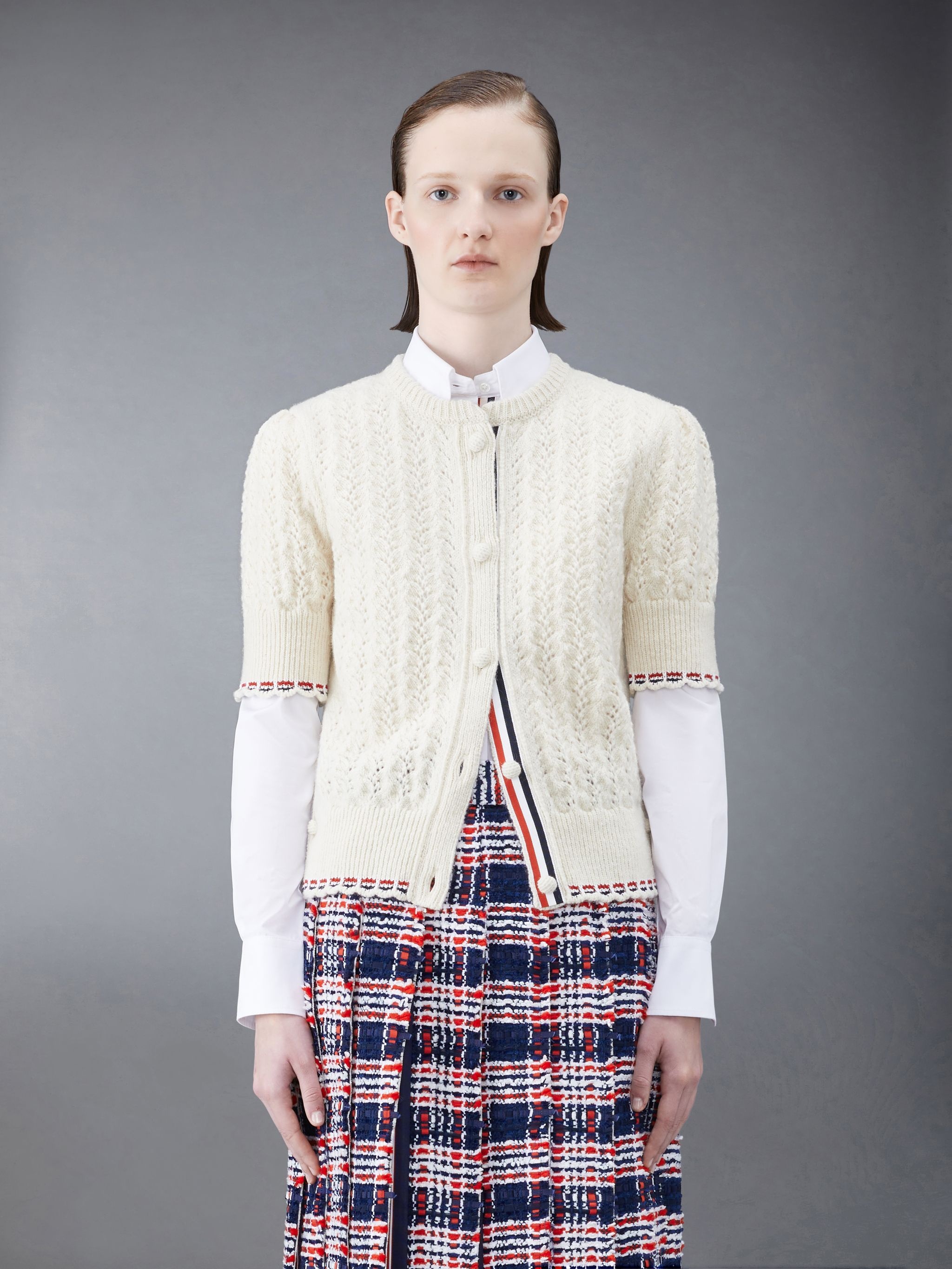 Donegal Wool Cable Pointelle Stripe Short Sleeve Cardigan