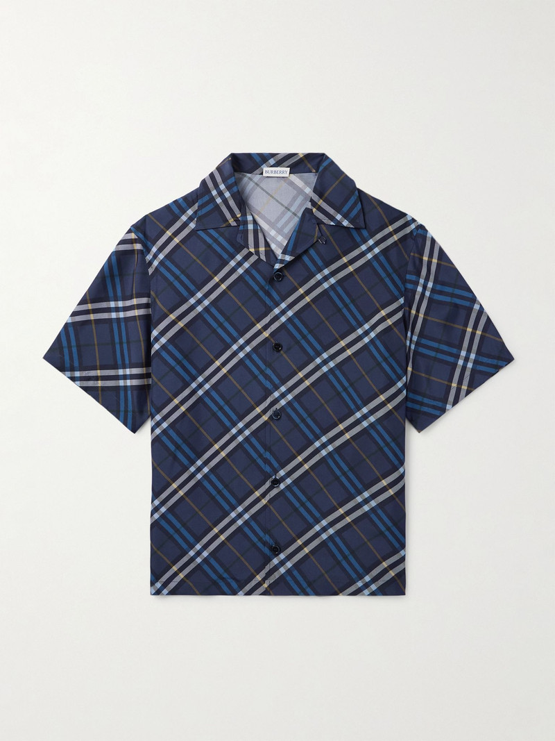 Convertible-Collar Checked Silk Shirt Navy 1