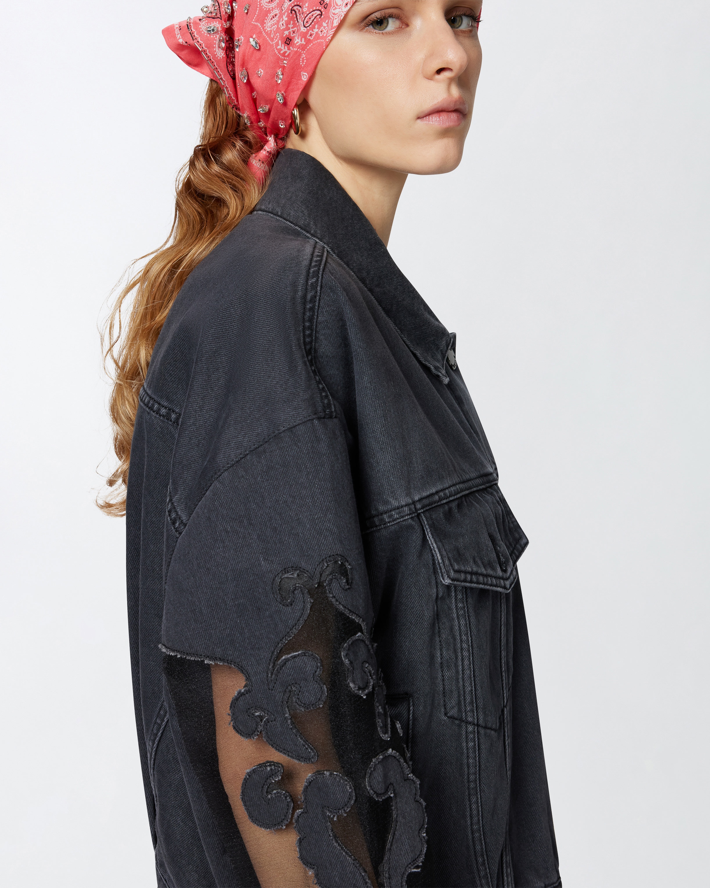 BLACK DENIM JACKET WITH ORGANZA SLEEVES - 5