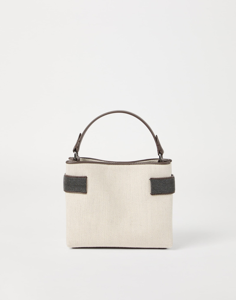 Essence small top-handle bag in cotton and linen drill with precious bands 1