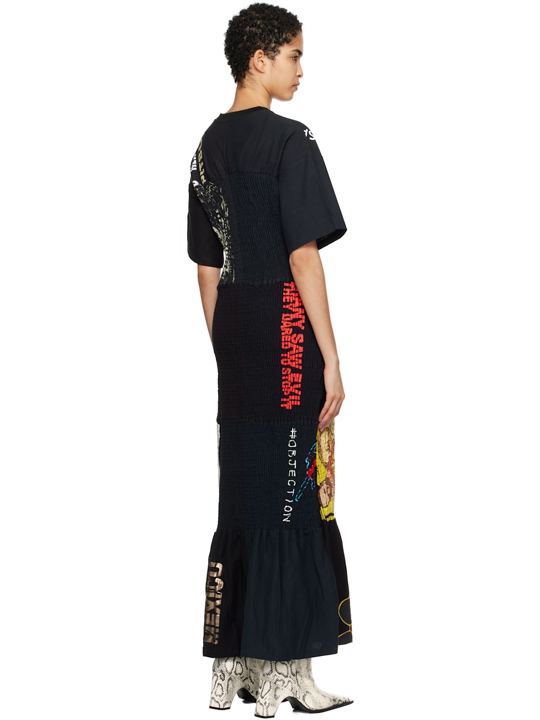 Black Upcycled Shirred Fitted Maxi Dress - 3