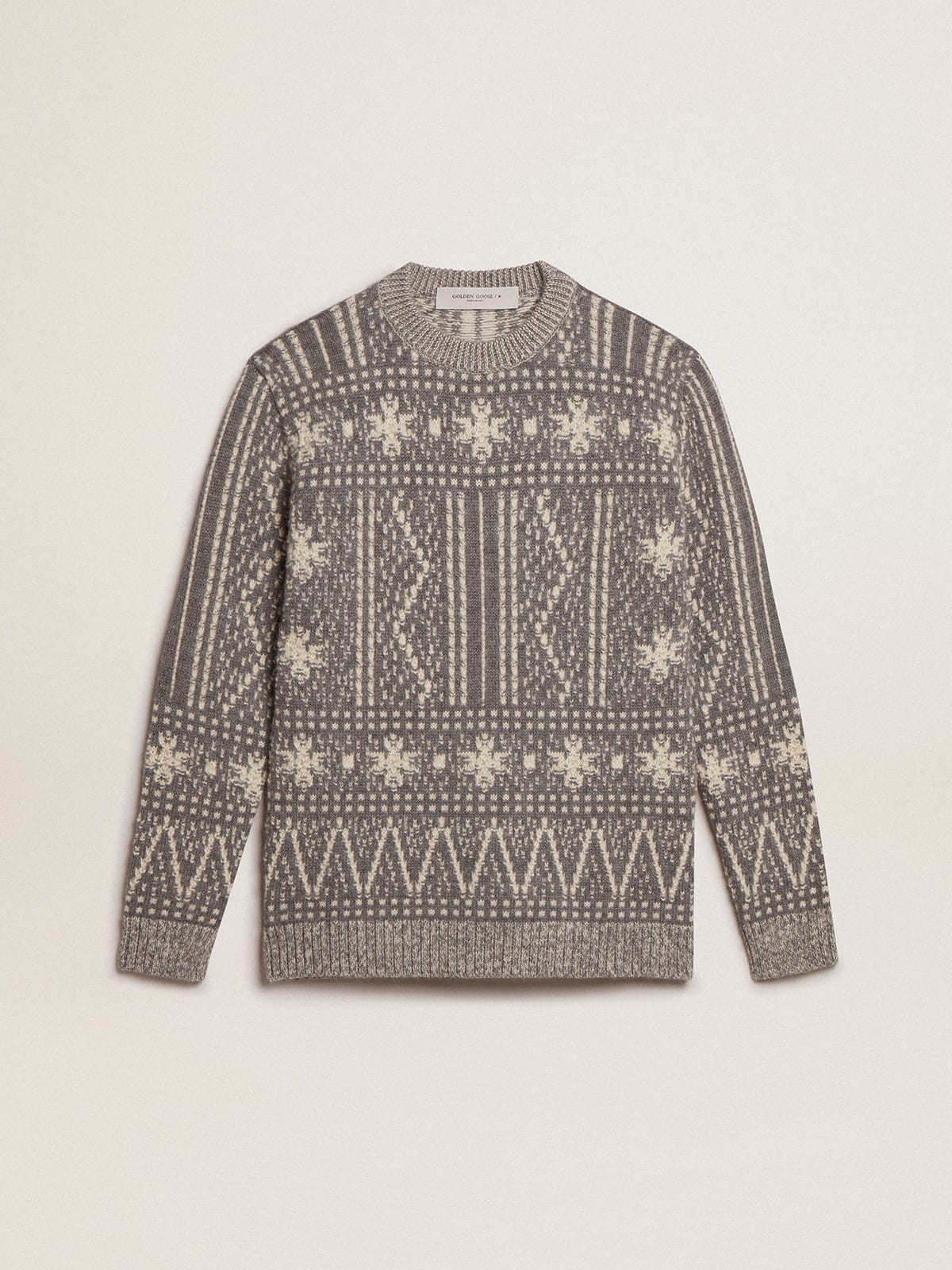 Round-neck sweater with gray Fair Isle motif - 1