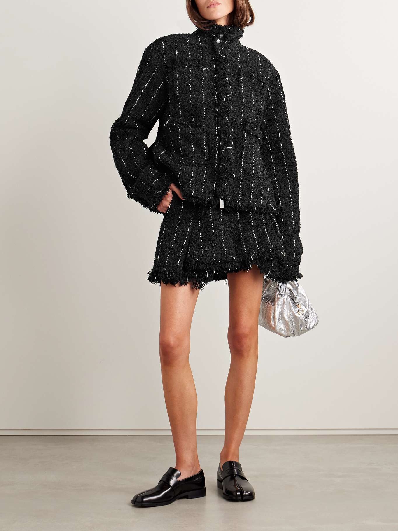 sacai Pinstriped bouclé shorts Black | REVERSIBLE