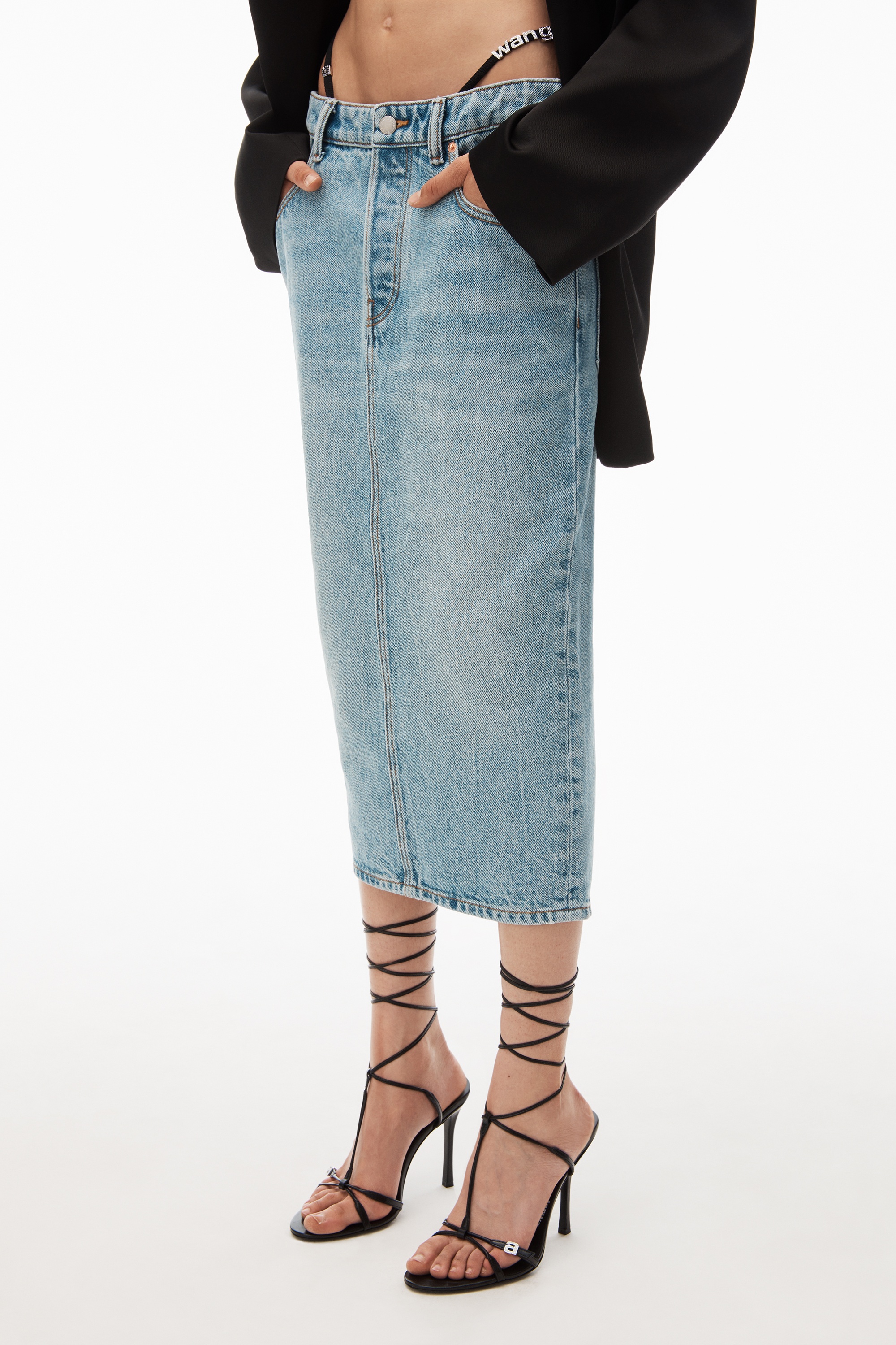 diamanté thong midi skirt in denim - 3