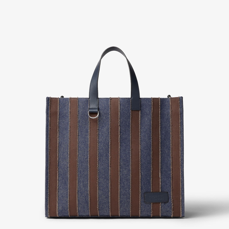 Pequin shopper Dark blue denim fabric and brown canvas bag 1