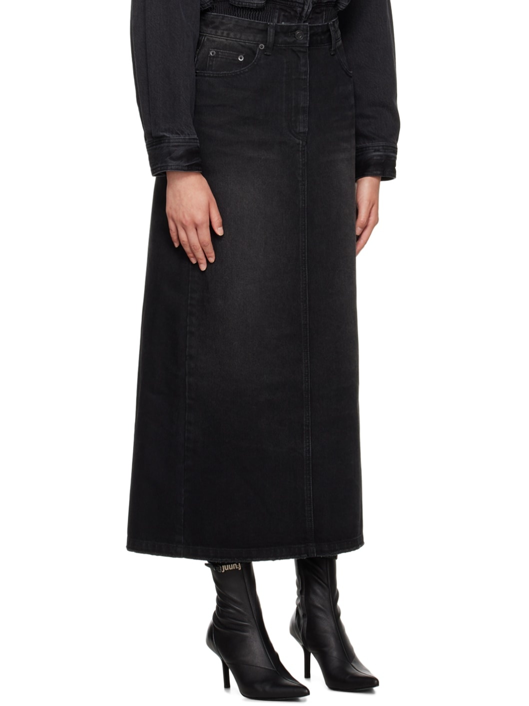 Black Faded Denim Maxi Skirt - 2