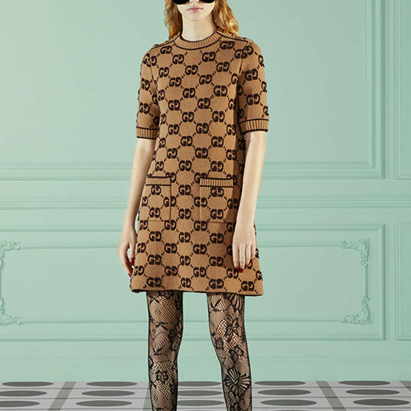 (WMNS) Gucci GG wool boucl jacquard dress 'Camel Brown' 718630-XKCNA-2668 - 3
