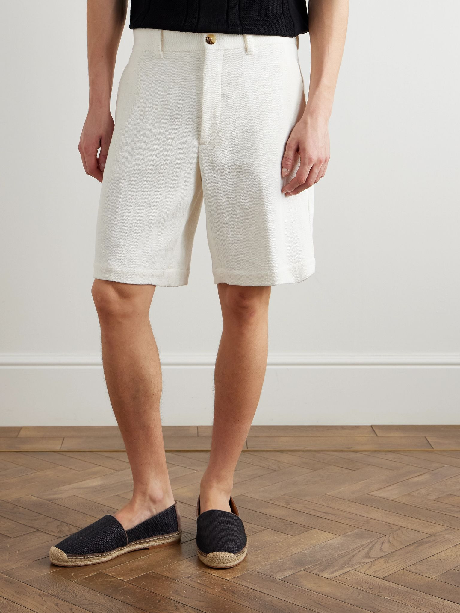 Straight-Leg Herringbone Cotton and Linen-Blend Bermuda Shorts White - 3