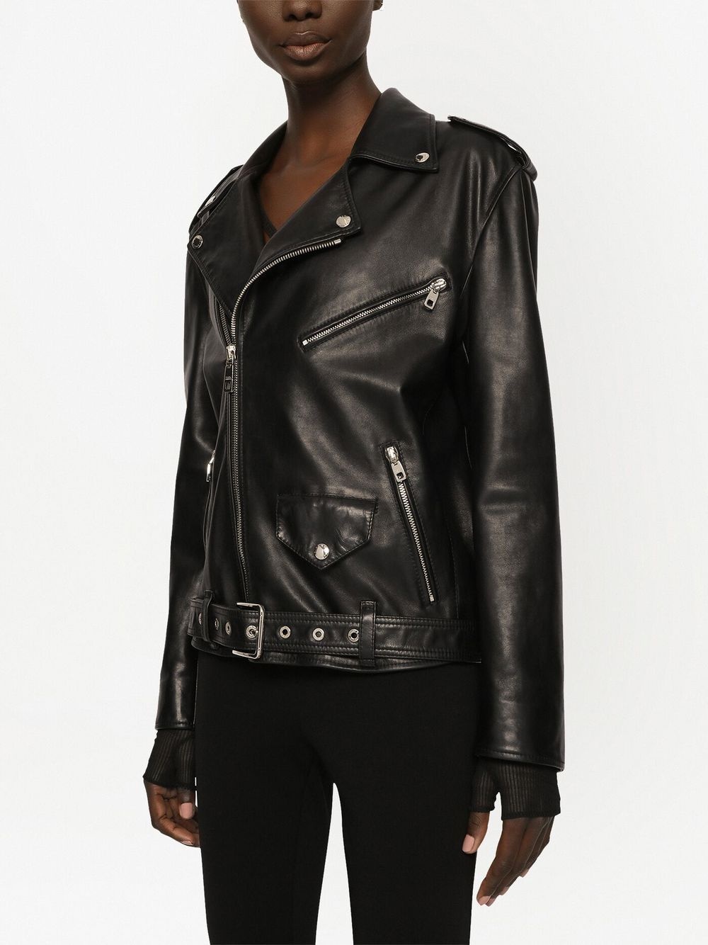 zipped leather biker jacket - 5