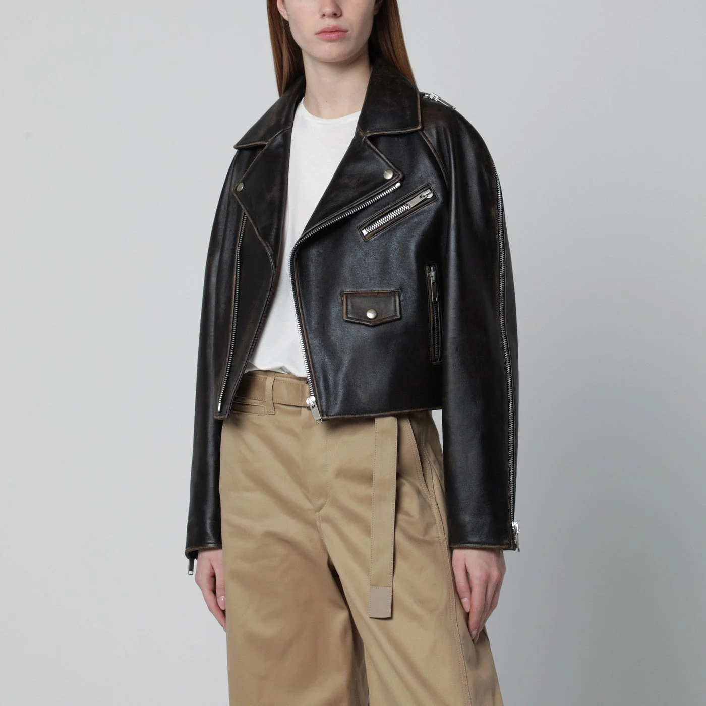 Halfboy Oversized Dark Brown Leather Biker Jacket Women - 1
