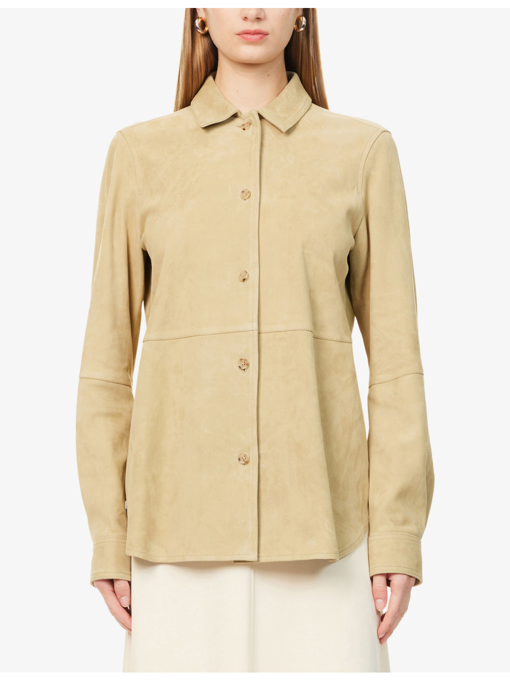 Curved-Hem Long-Sleeves Suede Shirt - 3