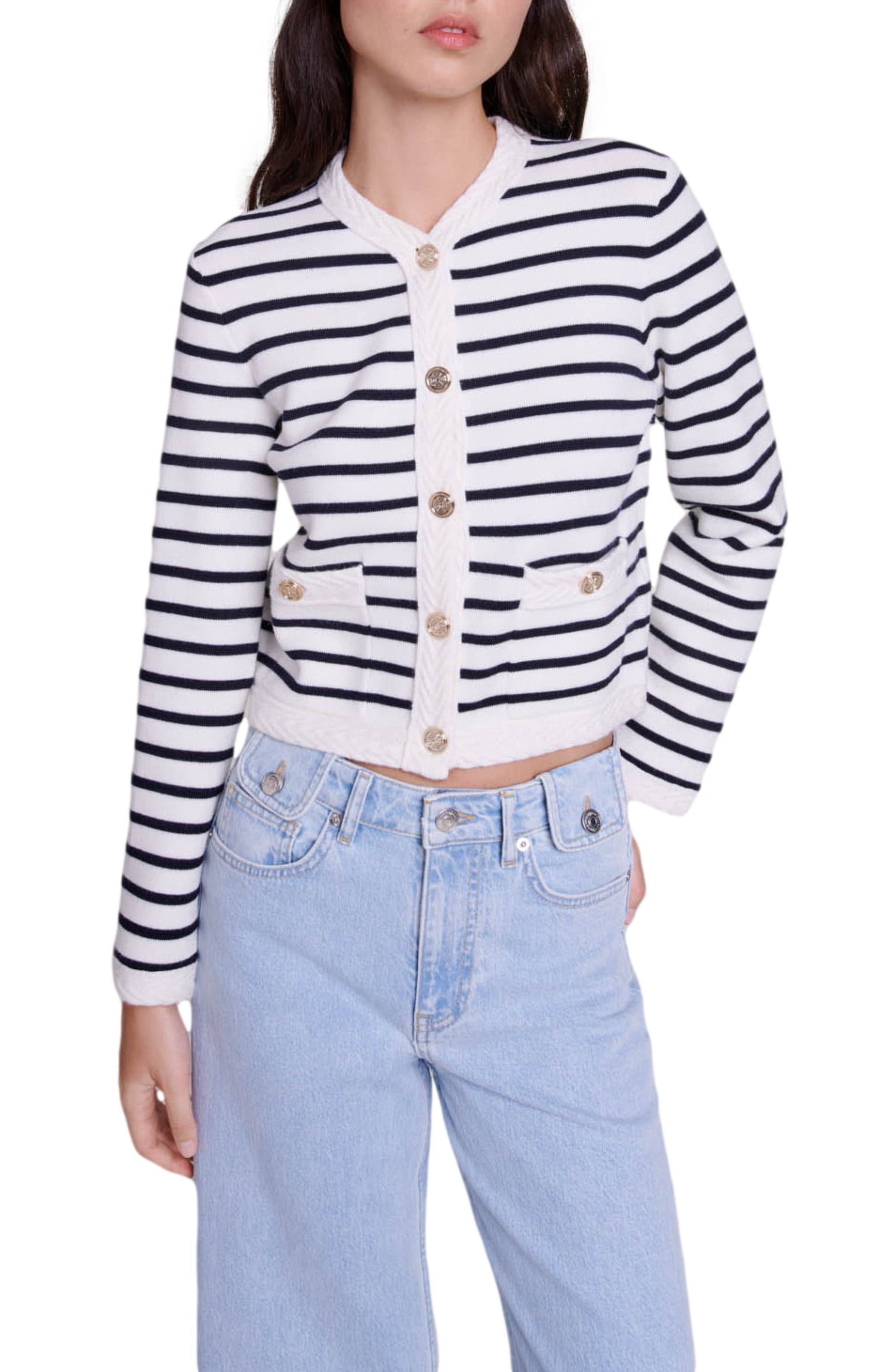 maje Striped knit cardigan in Navy /Ecru at Nordstrom - 1