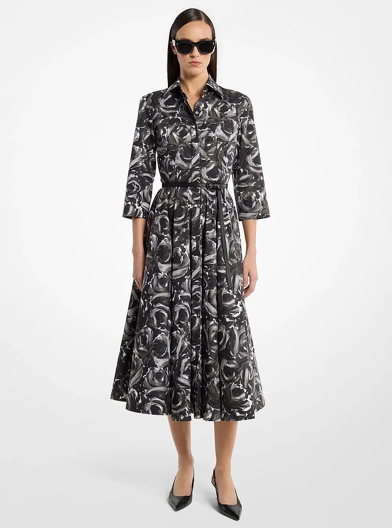 Floral Cotton Poplin Belted Quarter-Sleeve Shirtdress - 1
